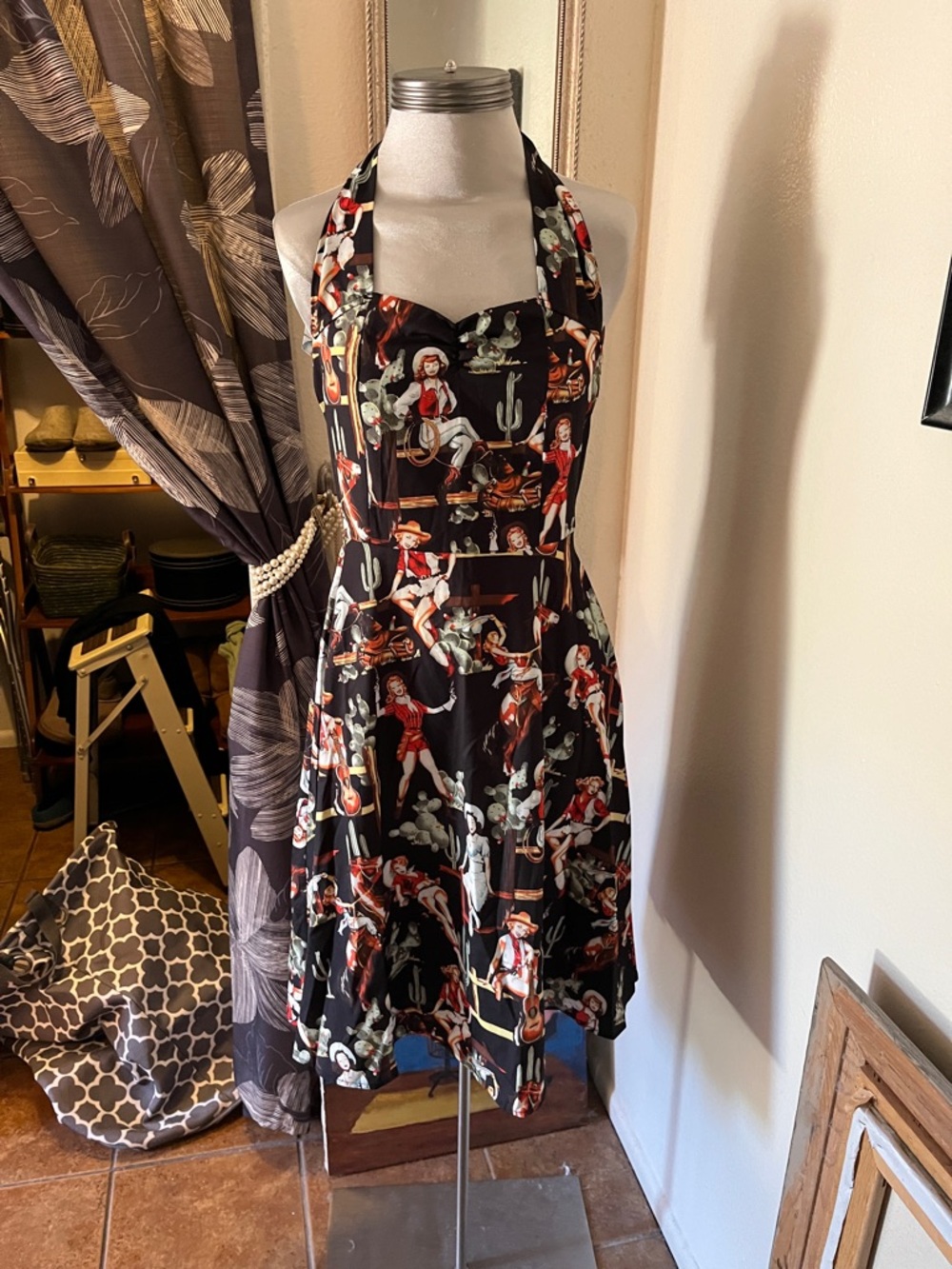 Retro Pin UP Cowgirl Print Halter Dress - Black with Red & Cream Accents Size S